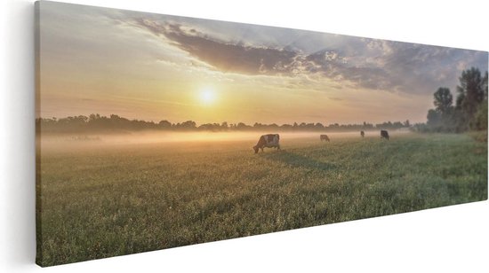 Artaza Canvas Schilderij Koeien In De Wei Tijdens Zonsopkomst  - 120x40 - Groot - Foto Op Canvas - Canvas Print