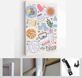 Food, vegetables and fruits. Vector illustrations: dishes, kiwi, broccoli, pumpkin, eggplant, avocado, pear, tomato, teapot, still life on the table, etc - Modern Art Canvas - Vert