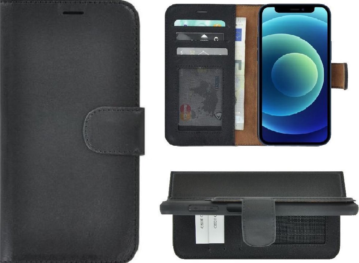 Geschikt voor iPhone 13 Hoesje - Bookcase - Portemonnee Hoes Echt leer Wallet case Zwart