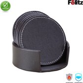 Felitz Luxe Leren Onderzetters met Houder  - 6 stuks - Glasonderzetters voor op Tafel - Zwart – coasters - Onderleggers voor Glazen - Glasonderzetters voor op Tafel - Rond