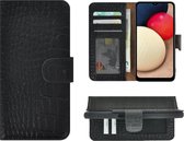 Samsung Galaxy A03s Hoesje - Bookcase - Samsung A03s Hoesje Book Case Portemonnee Wallet Echt Leder Croco Zwart Cover