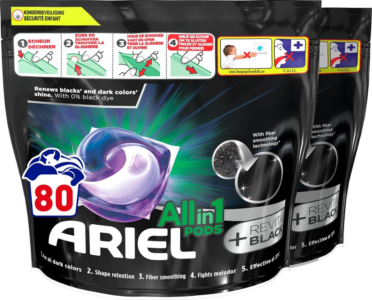 Ariel All in 1 Wasmiddel Pods + Revitablack Zwart - 2x40 Wasbeurten - Voordeelverpakking - Ariel