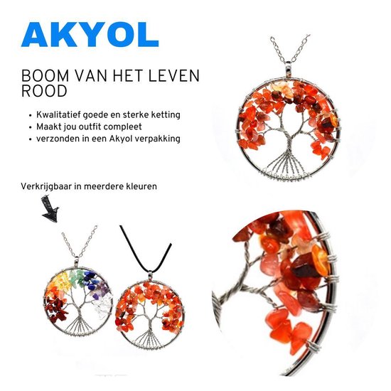 Akyol - Levensboom ketting - Rode agaat - Tree of life - Boom - Boom van het leven - Rood