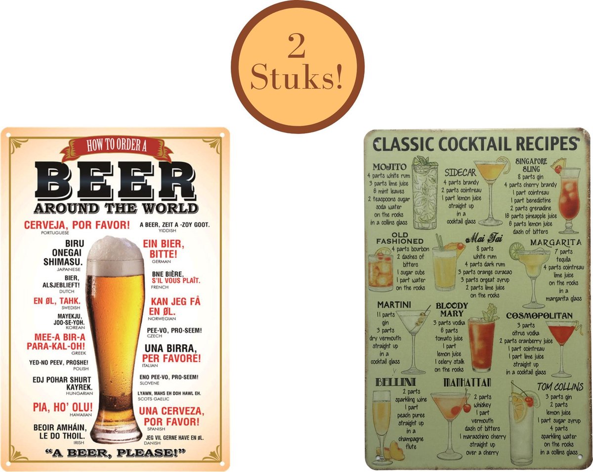 Homeson Wandbord Bier & Cocktails - Wandbord Metaal - Wanddecoratie - Mancave - Leuk als Cadeau