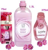 Diffuser rozen geur 75ml |  Boni Selection Geconcentreerde wasverzachter Rozenblaadjes 1,5 L | Luchtverfrisser Verstuiver Roos 375ml met wiek