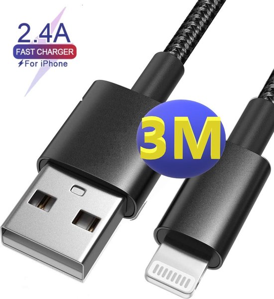 câble chargeur iPhone | 3M | Nylon | Convient pour Apple iPhone 6,7,8, X,  XS, XR,... | bol.com
