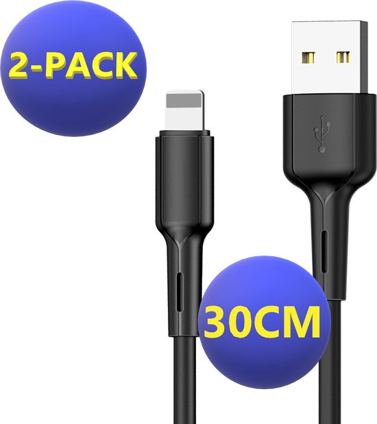 2x Korte 30CM USB Oplaadkabel - Geschikt voor iPhone - Oplader Kabel - 12W - Quick Charge - 30 Centimeter - Kunststof - Zwart