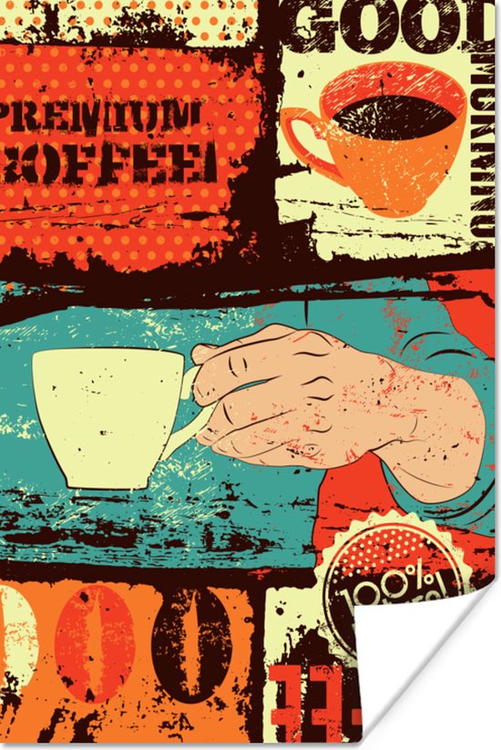 Koffie vintage met kleurrijke afbeeldingen 20x30 cm - klein - Foto print op Poster (wanddecoratie woonkamer / slaapkamer)