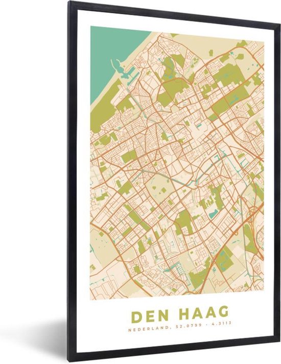Fotolijst incl. Poster - Stadskaart - Den Haag - Vintage - 20x30 cm - Posterlijst - Plattegrond