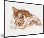 Fotolijst incl. Poster - Kop van een slapende kat - schilderij van Jean Bernard - 40x30 cm - Posterlijst