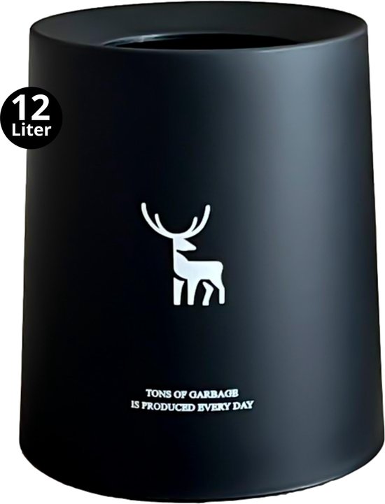 Buvel Prullenbak - Afvalbak - Papierbak - Vuilbak - Zwart - Wit - 12ltr Staand Hert