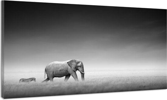 Schilderij -Olifant en Zebra op pad, zwart en wit, 100x70cm