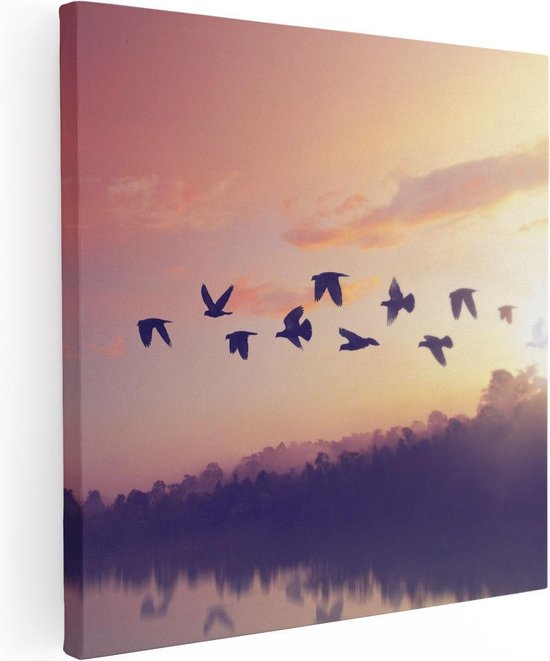 Artaza Canvas Schilderij Silhouet Vogels Tijdens Zonsondergang - 40x40 - Klein - Foto Op Canvas - Canvas Print