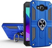 Voor Samsung Galaxy J7 koolstofvezelpatroon pc + TPU-beschermhoes met ringhouder (donkerblauw)