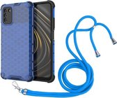 Voor Xiaomi Poco M3 schokbestendige honingraat pc + TPU-hoes met nekkoord (blauw)