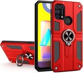 Voor Samsung Galaxy M31 koolstofvezelpatroon pc + TPU-beschermhoes met ringhouder (rood)