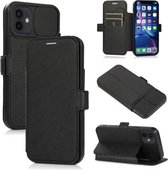 Duwvenster dubbele gesp PU + siliconen horizontale flip lederen tas met houder en kaartsleuf voor iPhone 12 mini (zwart)