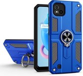 Koolstofvezelpatroon PC + TPU-beschermhoes met ringhouder voor OPPO Realme C20 (donkerblauw)