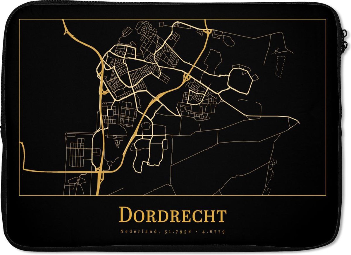 Laptophoes 13 inch - Kaart - Dordrecht - Luxe - Goud - Zwart - Laptop sleeve - Binnenmaat 32x22,5 cm - Zwarte achterkant