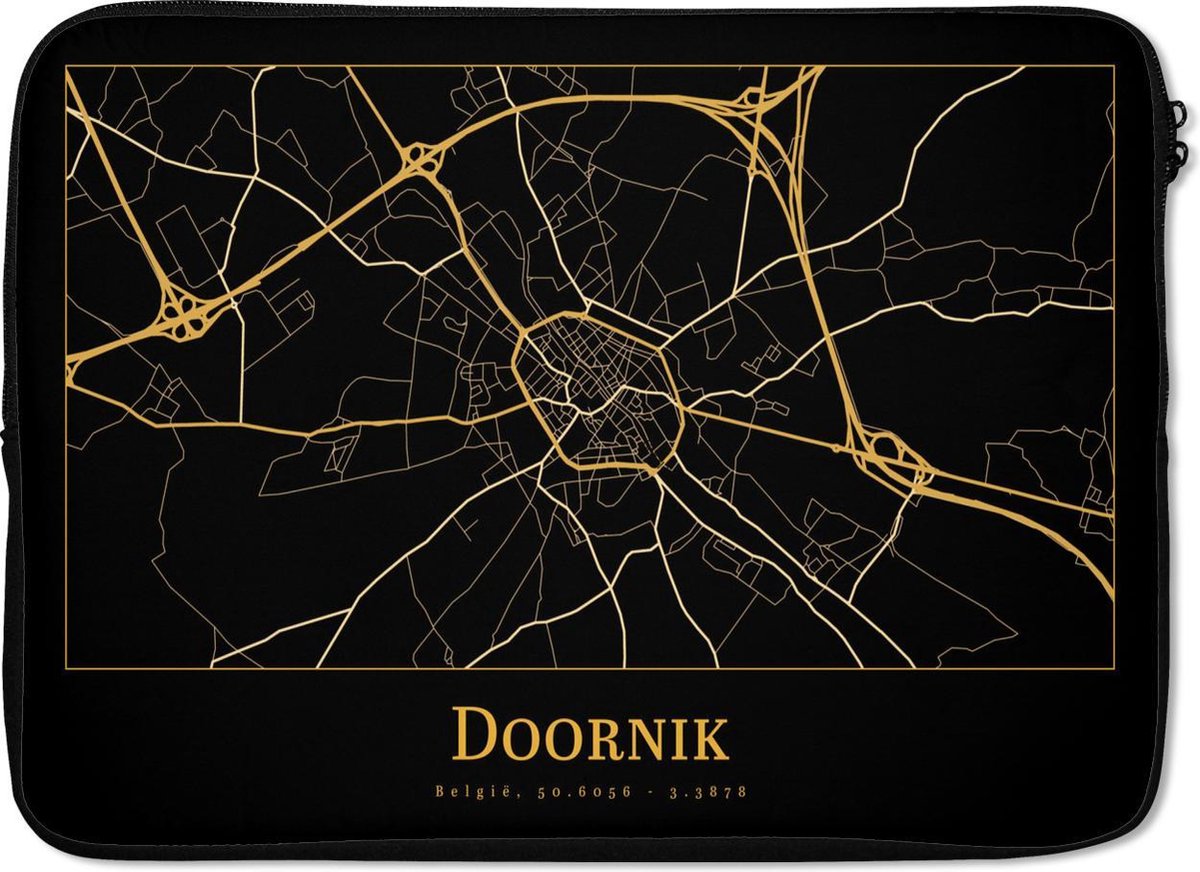 Laptophoes 14 inch - Kaart - Doornik - België - Goud - Zwart - Laptop sleeve - Binnenmaat 33x23 cm - Zwarte achterkant
