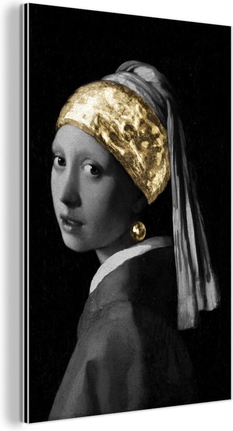 Wanddecoratie Metaal - Aluminium Schilderij - Meisje met de parel - Johannes Vermeer - Goud - Dibond