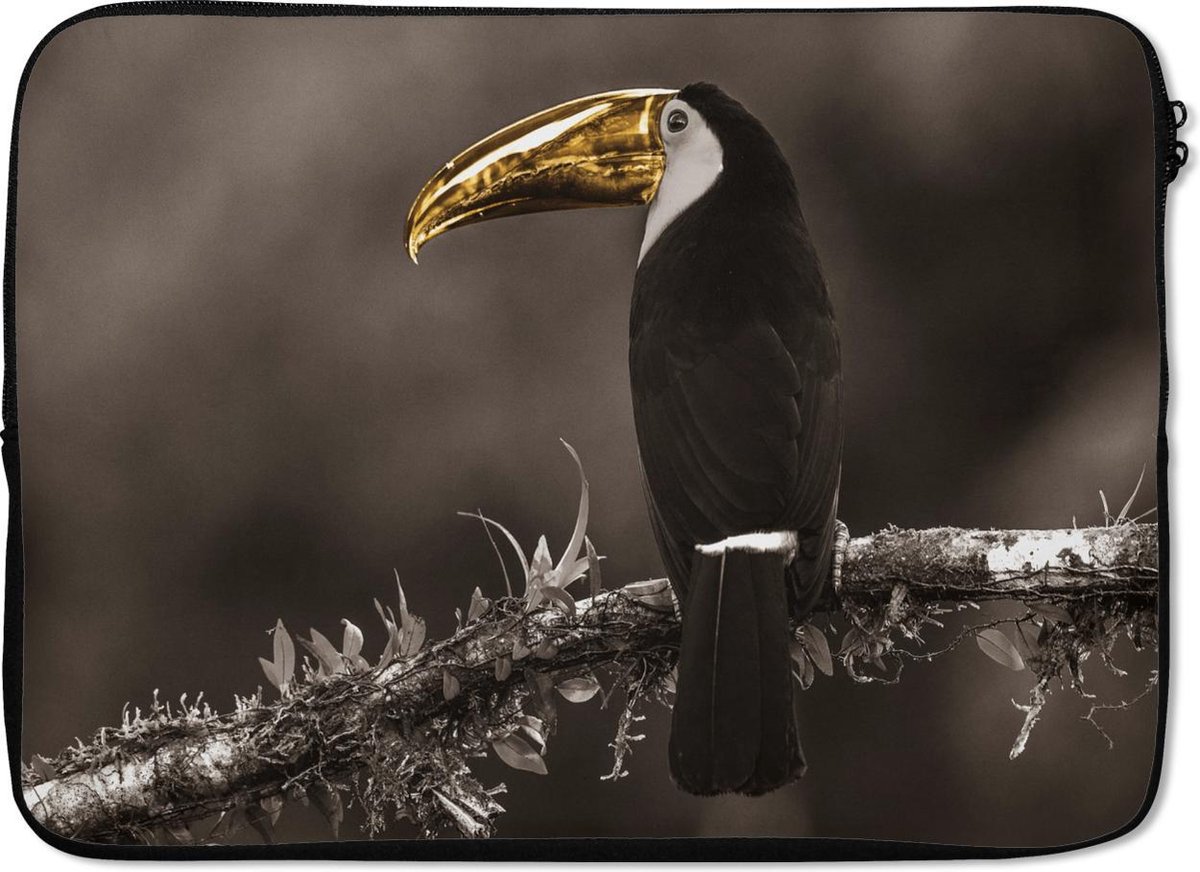 Laptophoes 14 inch - Vogel - Toekan - Goud - Zwart - Laptop sleeve - Binnenmaat 33x23 cm - Zwarte achterkant
