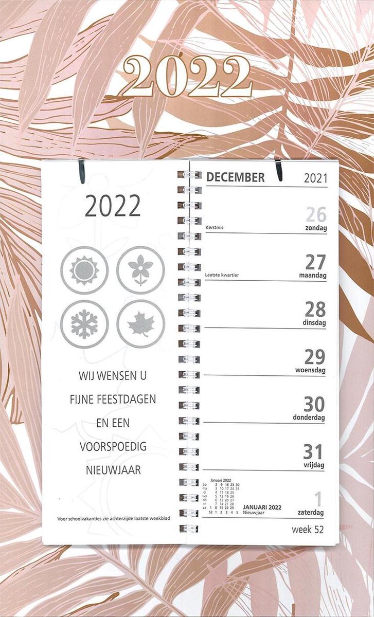 MGPcards - Omleg-weekkalender 2022 - Week begint op Zondag - Bladeren - Roze