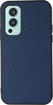 Voor OnePlus Nord 2 5G Carbon Fiber Skin PU + PC + TPU Shockprof Beschermhoes (Blauw)