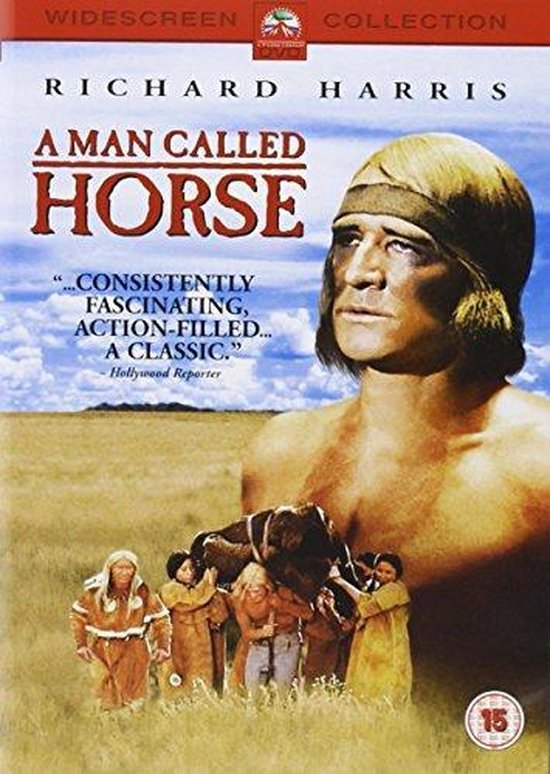 Filmdvd "A Man Called Horse" met Richard Harris, een groep inheemse Amerikanen en een paard in een veld.