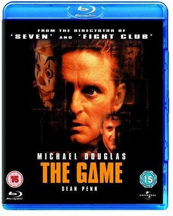 Blu-ray hoes van de film The Game met Michael Douglas en Sean Penn. Een clown gezicht en twee portretten van Michael Douglas.