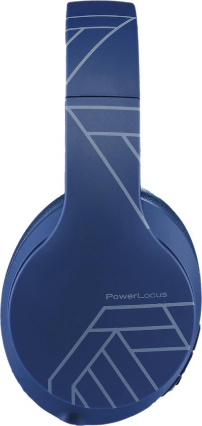 Blauwe PowerLocus P6 over-ear koptelefoon met een abstract geometrisch patroon en het logo.