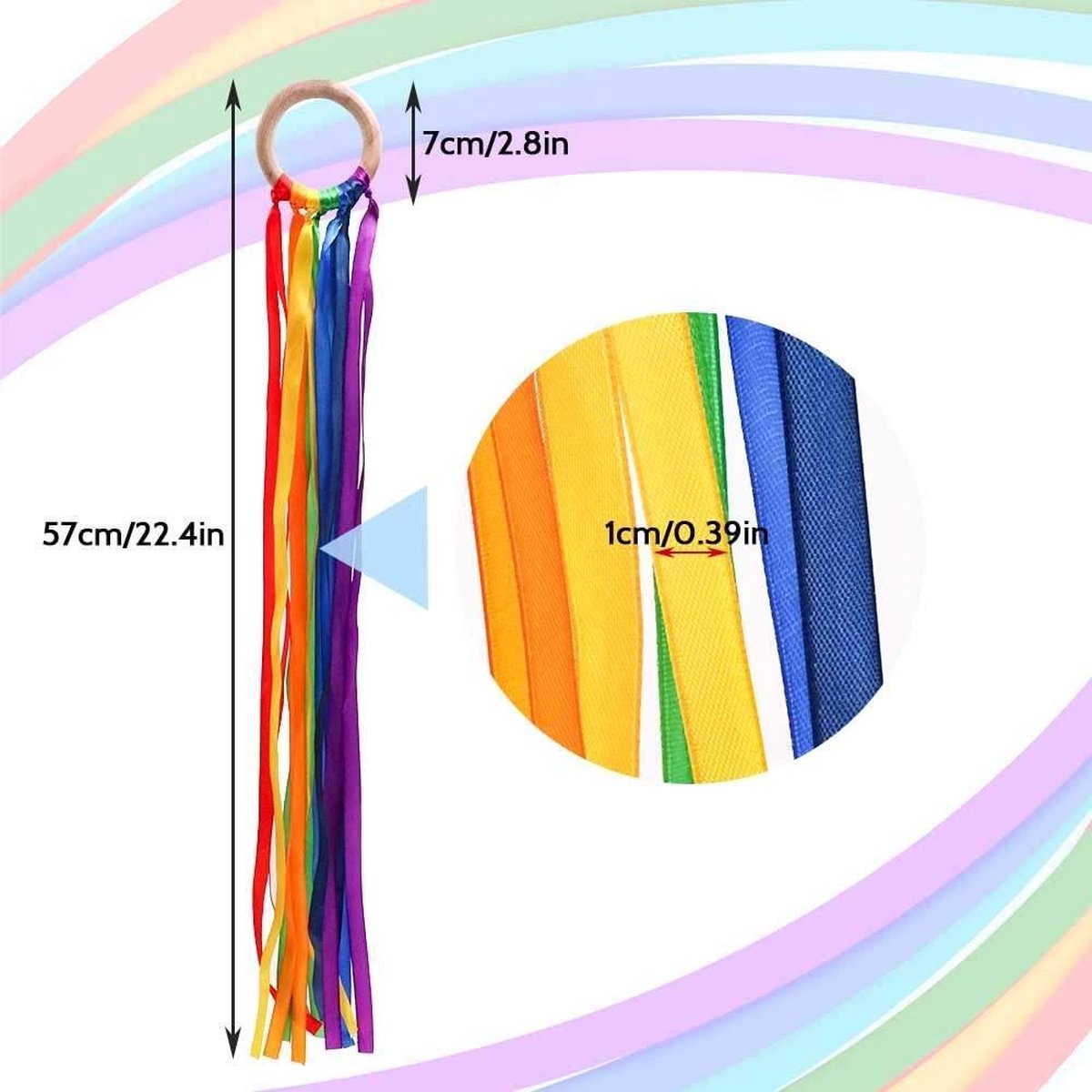 WoodyDoody Regenboog Ring Set van 2 Stuks Buitenspeelgoed Rammelaar Bijtspeelgoed Strandspeelgoed van Hout Speelgoed Ringen met Regenboog Lintjes Speelgoed Kinderen - Houten Speelgoed Baby Peuter Speelgoed — afbeelding 9