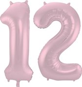 De Ballonnenkoning - Folieballon Cijfer 12 Pastel Roze Metallic Mat - 86 cm