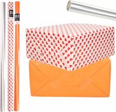 6x Rollen kraft inpakpapier transparante folie/hartjes pakket - oranje/harten design 200 x 70 cm - Valentijn/liefde/cadeaupapier