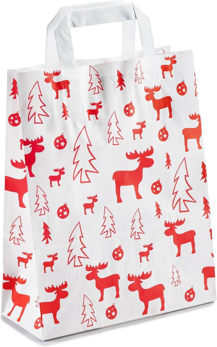50 x papieren Kersttassen / Kerst draagtassen / Kersttasjes "Red Elk" Met Platte Oren 18 x 8 x 22cm