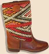 Bravas Boutique Kelim Boots ISIDORA Hoog - Laarzen - 100% Echt Leder - Handgemaakt - Cognacbruin Met Gekleurde Kelim - EU 39