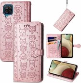 Voor Galaxy A12 Leuke Kat en Hond Reliëf Horizontale Flip Lederen Case met Houder & Kaartsleuven & Portemonnee & Lanyard (Rose Goud)