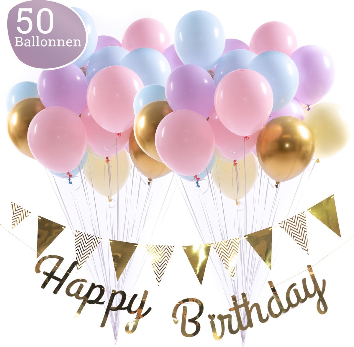 Set' anniversaire et de décoration de Ballons arc-en-ciel - Incl. Guirlande  de Happy