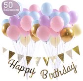 Regenboog Ballonnen Verjaardag & Versiering Set – Incl. Happy Birthday Slinger, Vlaggenlijn, Lint, Plakkers en 50 Ballonnen – Kant en Klaar Feest Pakket