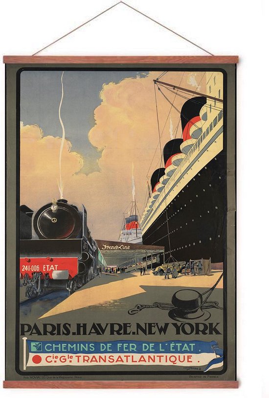 Poster In Poster Hanger - Vintage Travel Poster Titanic - Cadre Bois - Paris & New York - 70x50 cm - Système d'accrochage
