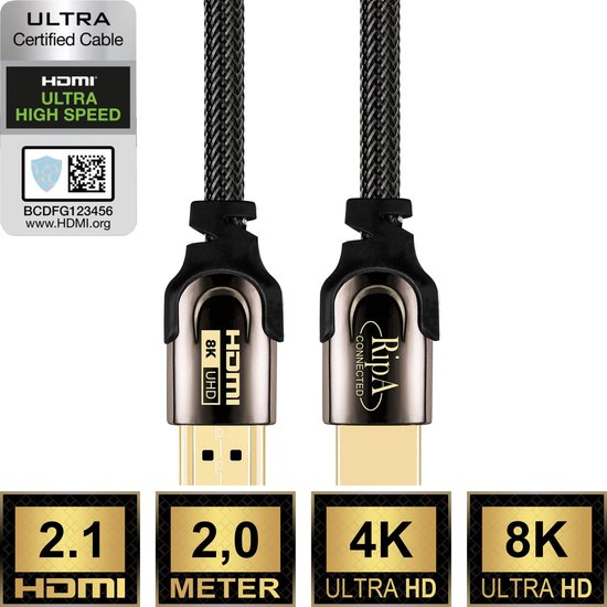 Vooravond Gorgelen Verstikkend Ripa Connected HDMI 2.1 Kabel - 2M - Ultra High Speed 4K 8K eARC - HDMI  naar HDMI | bol.com
