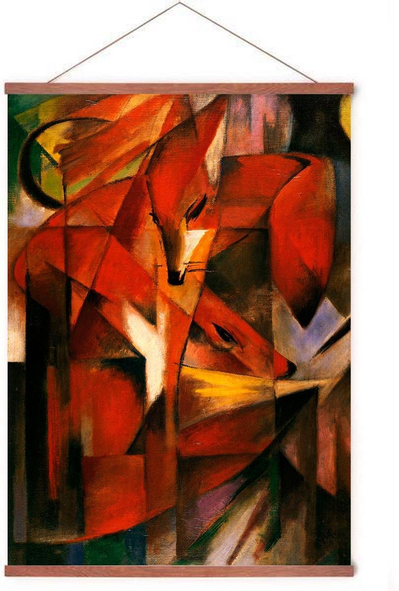 Esque Poster In Posterhanger - Foxes - Kader Hout - Franz Marc - Dieren - Vos - Kunst - 70x50 cm - Ophangsysteem Rood