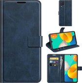 Retro Kalf Patroon Gesp Kaart Portemonnee Links en Rechts Flip Telefoon Holster met Beugel Functie Voor Samsung Galaxy M32 (Blauw)