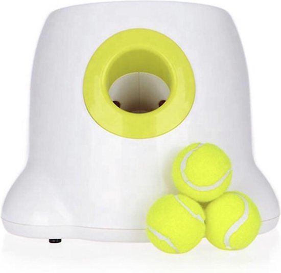 Automatische Ballenwerper voor Honden - Ballenschieter - Werkt op batterijen en lichtnet - Honden Speelgoed Intelligentie - Wit - Inclusief 3 Tennisballen