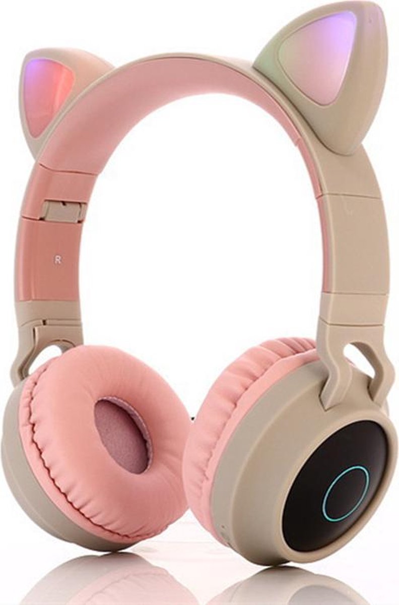 TDR- Draadloze Bluetooth koptelefoon - Over-Ear Koptelefoon voor Kinderen - Met Led Kat Oortjes - Bekend van TikTok - roze grijs