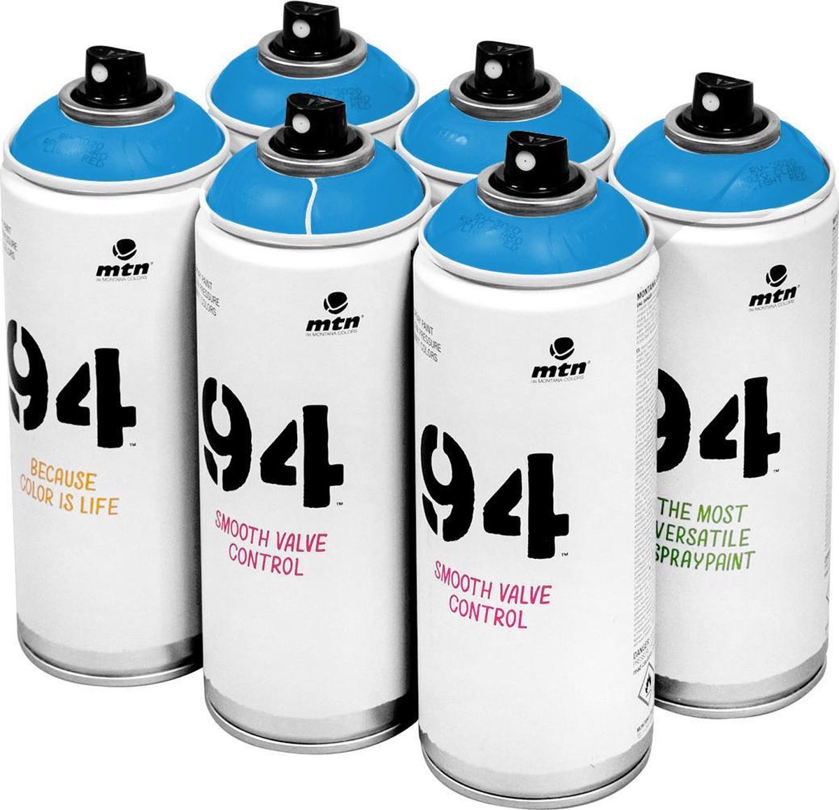 MTN 94 Fluorescent Blue - blauwe spuitverf - 6 stuks - 400ml lage druk en matte afwerking