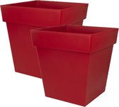 2x stuks bloempotten Toscane vierkant kunststof rood 39 x 39 x 39 cm - Potten/plantenpotten