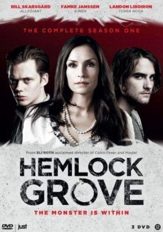 Drie hoofden van acteurs boven de titel 'Hemlock Grove', met dvd-informatie.