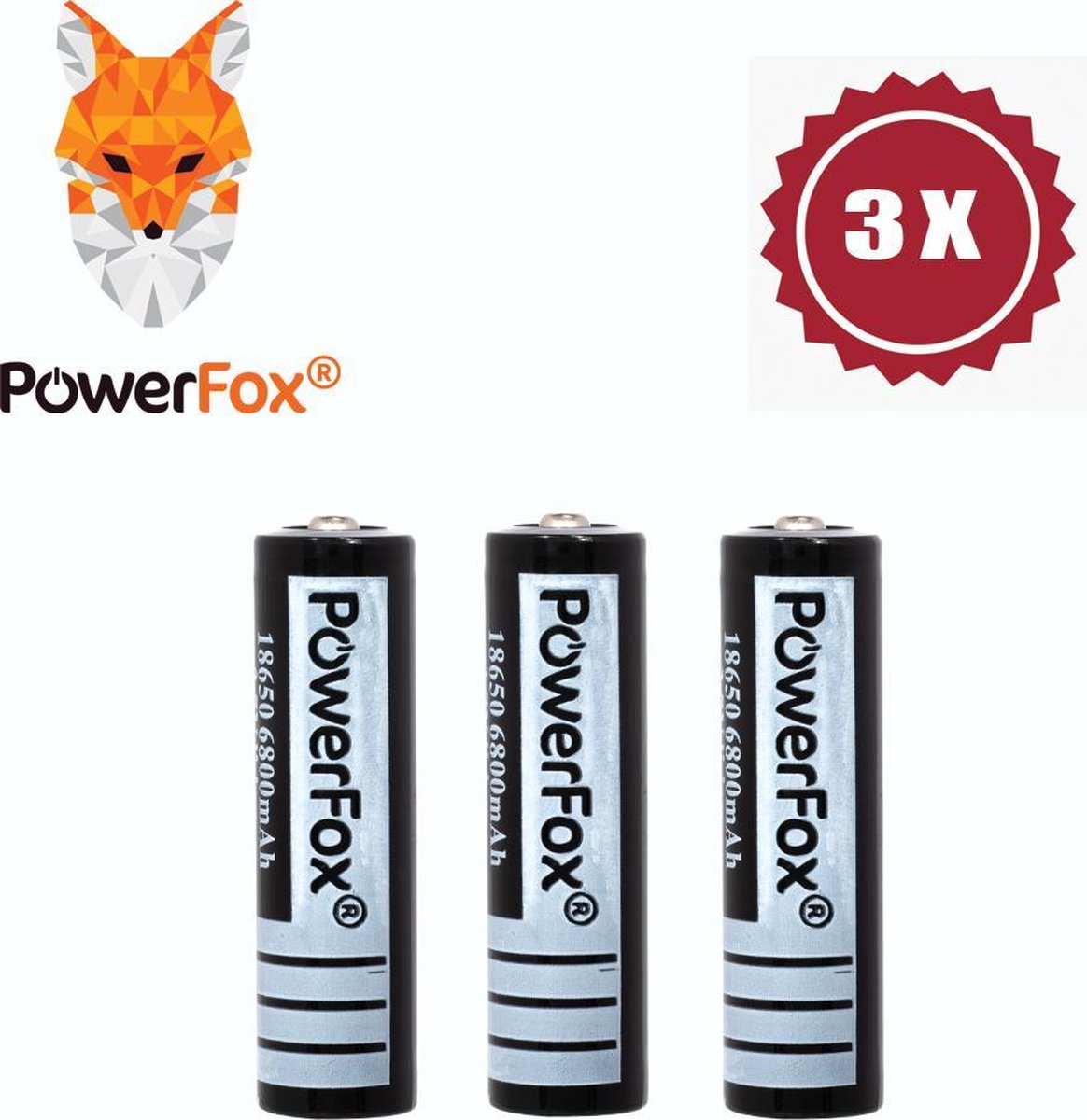 PowerFox® 3x 18650 Lithium batterij 3,7V 6800mAh oplaadbare batterij zwart