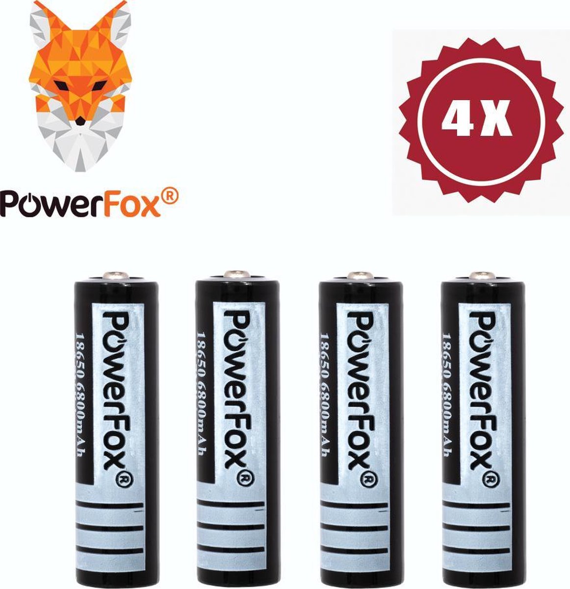 PowerFox® 4x 18650 Lithium batterij 3,7V 6800mAh oplaadbare batterij zwart